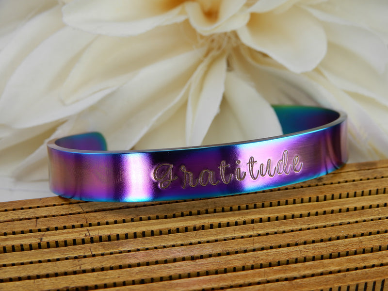 Gratitude Stamped Stainless Rainbow Cuff
