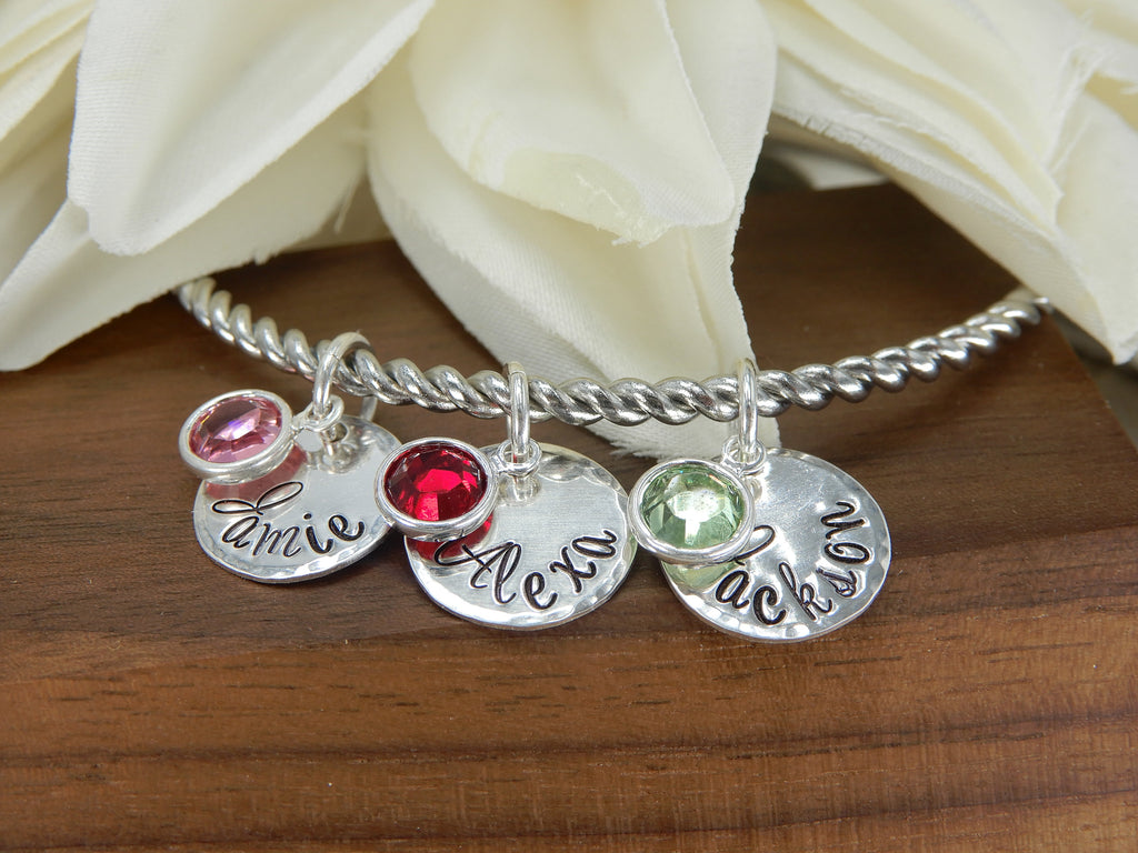 Sterling Silver Mothers Bracelet with Names and Birthstones